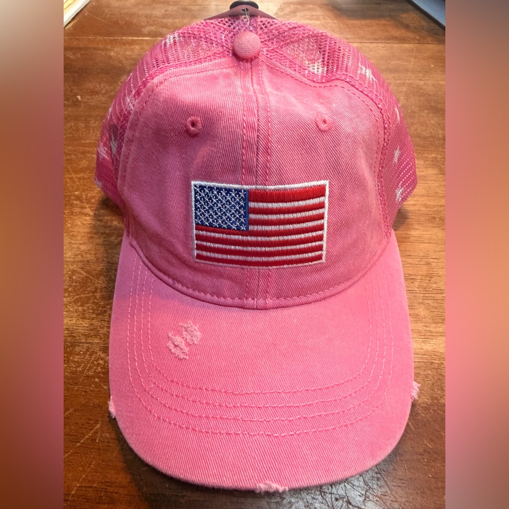 American Flag Trucker Cap Distressed Pink Adjustable Hat One Sz USA Flag New WT